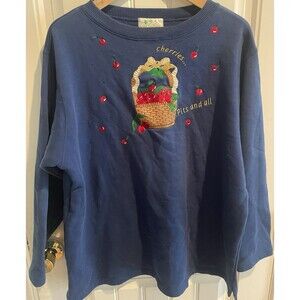 Quacker Factory Women's Top Sweatshirt Sz 1X Cherries Fun Blue Long Soft Vintage